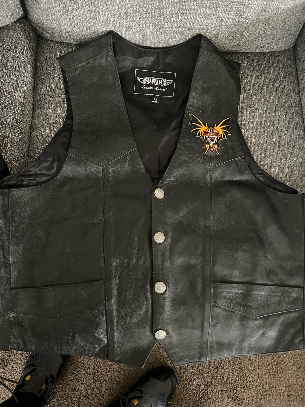 Unik Black Leather Vest with Yellow & Red Embroidered Crest